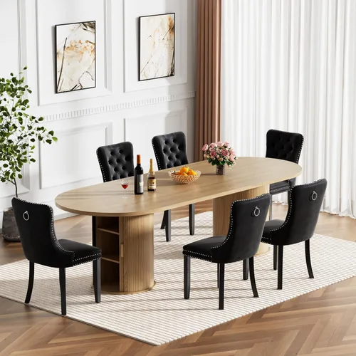 Vista 27 de Mesa de comedor redonda extensible de 94 pulgadas con base de almacenamiento, mesa de comedor expandible natural para 10, mesa de comedor de madera