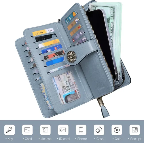 Vista 3 de Travelambo Billetera para mujer de gran capacidad con bloqueo RFID de cuero genuino