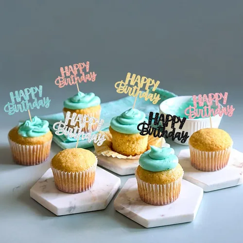 Vista 7 de Gyufise 24 piezas de decoración para pastel de cumpleaños con purpurina, adornos brillantes para pastel de cumpleaños, adornos de comida