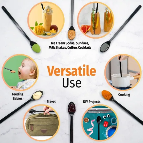 Vista 4 de Cucharas largas de plástico – 9 pulgadas – Cuchara de mango largo resistente para agitar, cucharas de café negro – Espresso, cuchara de té helado