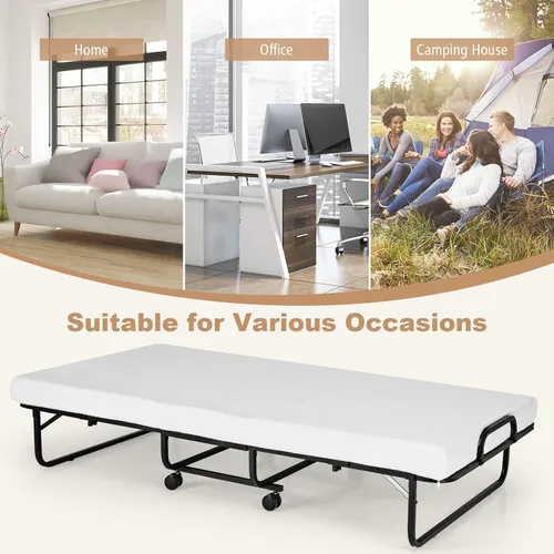 Vista 9 de GOFLAME Cama plegable con colchón de espuma viscoelástica, cama de invitados de tamaño individual con marco de metal resistente, cama plegable