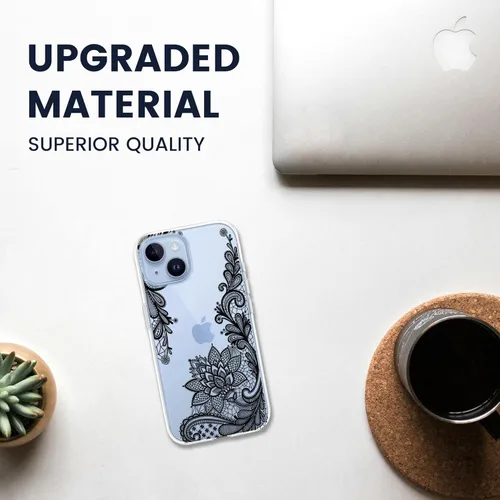 Vista 7 de Compatible con iPhone 15, funda transparente de encaje negro floral a prueba de golpes, parte trasera dura, delgada, bonita funda transparente