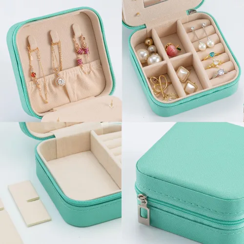 Vista 5 de Pequeño joyero de viaje portátil, organizador de joyas de viaje, soporte portátil de almacenamiento de joyas para anillos, aretes, collares, regalos