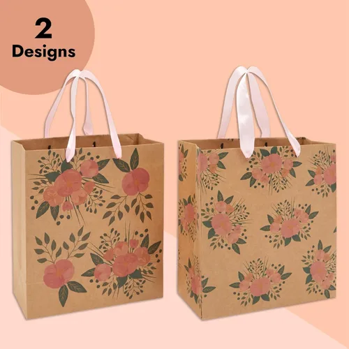Vista 5 de Juvale Bolsas de regalo florales – Parte inferior reforzada y asas de cinta – Bolsas de recuerdo de fiesta – 8 x 4 x 9 pulgadas, paquete de 24