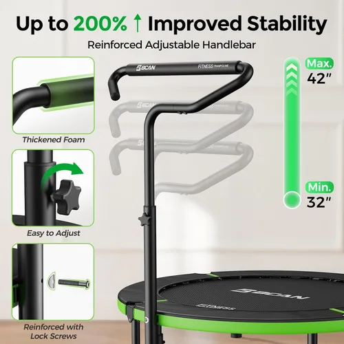 Vista 3 de BCAN SP3 40"/48" Foldable Mini Trampoline, Rebounder Trampoline for Adults, U/T Adjustable Foam Handle, Exercise Rebounder for Adults Indoor/Garden