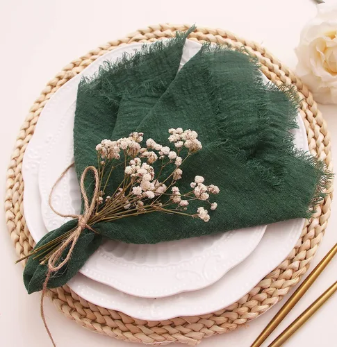 Vista 11 de Servilletas de tela con juego de 6 servilletas de gasa con flecos, 100% algodón natural suave, servilletas lavables, ideales para bodas