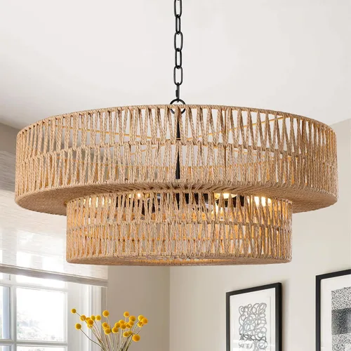 Vista 10 de LamQee Candelabros de Ratán Estilo Granja de 22 Pulgadas, Lámpara de Araña Boho de 5 Luces con Pantalla de Mimbre Tejida a Mano, Luces Colgantes