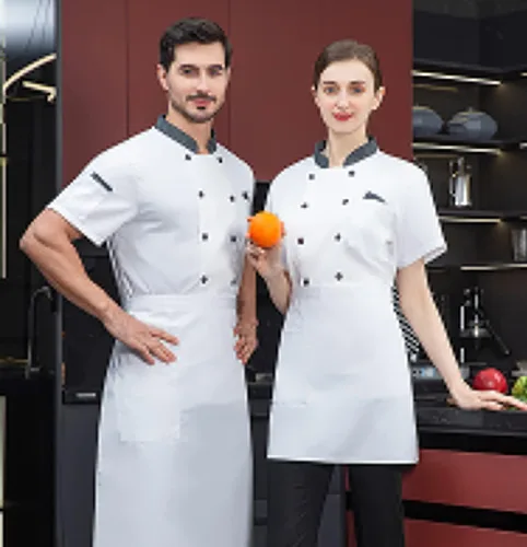 Vista 4 de Chaqueta de chef unisex con doble botonadura trasera de malla completa, ligera, costura de color, uniforme de chef