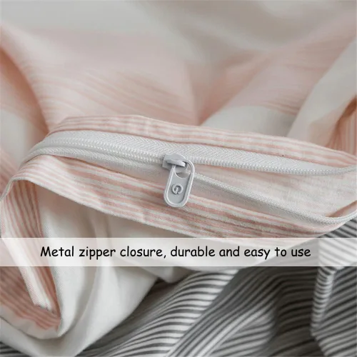 Vista 6 de DREAMINGO - Juego de ropa de cama a rayas de FenDie, color melocotón, blanco y gris, juego de 2 fundas de almohada, funda de edredón de algodón