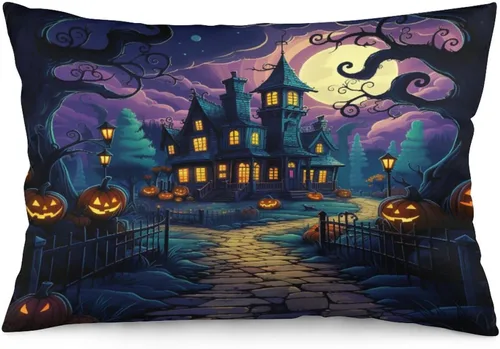 Vista 20 de Fundas de almohada frescas de casa embrujada, castillo, luna, bosque medieval, calabaza, fundas de almohada rectangulares con cremallera invisible