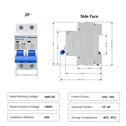 Vista 3 de Disyuntor en miniatura de CC, 2P 16Amp 500V Interruptores eléctricos para paneles solares, sistema de rejilla, montaje en riel DIN (16A)
