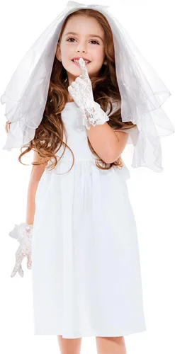 Vista 2 de 2 Pieces First Communion White Veil and Gloves Set First Holy Communion Accessories for Kids Wedding Party Costume