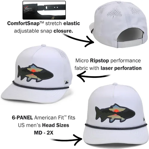 Vista 48 de Paramount Outdoors Sombrero de pesca de trucha al atardecer, diseño de silueta de pez de montaña, sombrero para exteriores con cómodo Snapback