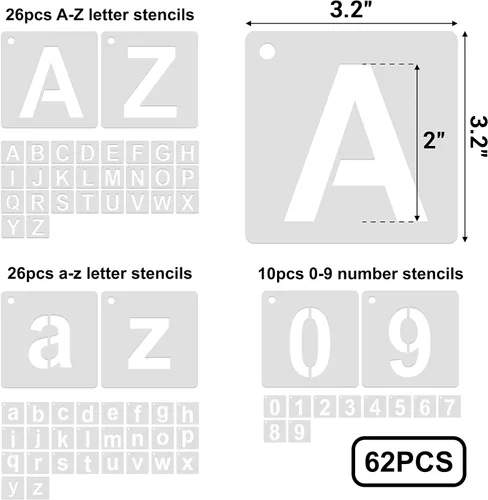 Vista 3 de 62 plantillas de letras del alfabeto de 2 pulgadas, plantillas de letras reutilizables de letras y números, plantillas de manualidades para pintar
