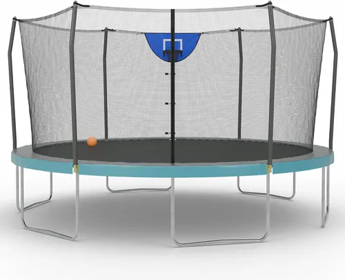 Vista 7 de Skywalker Trampolines Cama elástica al aire libre de 8 pies, 12 pies, 15 pies Jump N’ Dunk redonda con red, colchón de trampoline y aro de Azul