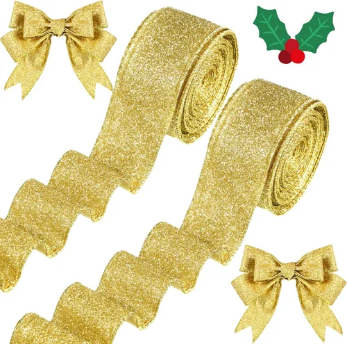 Vista 11 de 2 Rollos 20 Yardas Cinta de Navidad con Alambre Cinta Gruesa con Purpurina Cinta Metálica con Alambre para Envolver Regalos Cinta de Árbol