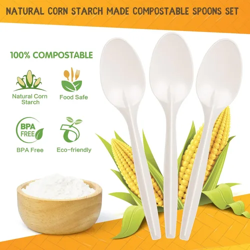 Vista 3 de Gezond Cucharas compostables, paquete de 50 cucharas desechables de 6.7 pulgadas, sin plástico, juego de cubiertos biodegradables resistentes