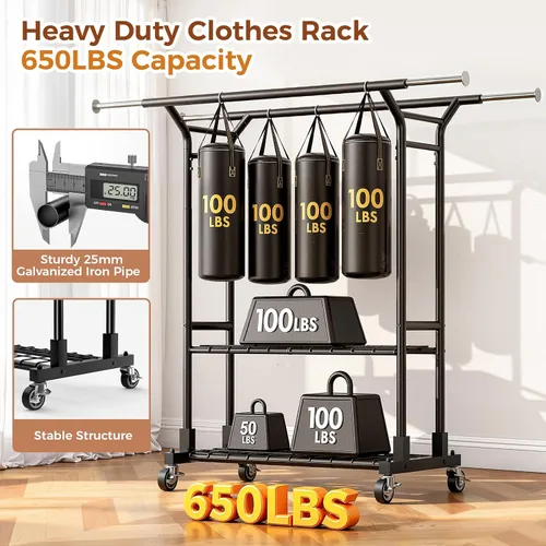 Vista 7 de Luxspire Perchero resistente con carga de 650 libras, percheros de ropa de doble barra para colgar ropa, estantes de ropa rodantes con ruedas