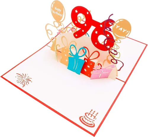 Vista 6 de iGifts And Cards Tarjeta desplegable 3D de cumpleaños 96, regalos coloridos y celebración de hitos de globos, saludo sincero para personas mayores