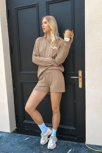 Vista 4 de Ekouaer Conjunto de 2 piezas de suéter de manga larga y pantalones cortos para mujer