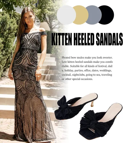 Vista 6 de Coutgo Sandalias de tacón con lazo para mujer, tacones plisados con lazo, puntera cuadrada abierta, lindos tacones de gatito, zapatos de vestir