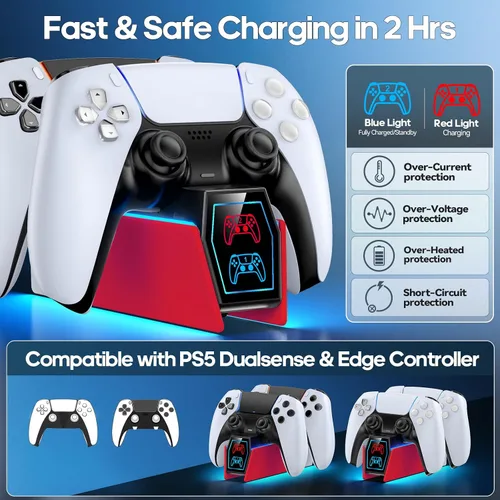 Vista 2 de Estación de carga de controlador compatible con placas frontales Play 5 Edge y controlador dual, 9 iluminaciones P 5 accesorios estación de carga