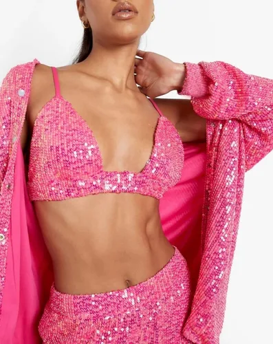 Vista 5 de Conjunto de ropa para mujer, con lentejuelas, manga larga, con botones, blusa, brasier, pantalones, fiesta, club, noche