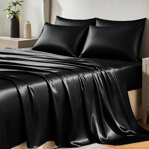 Vista 18 de Juego de sábanas de satén CozyLux de microfibra sedosa con bolsillo profundo, sábana bajera plana y fundas de almohada, suave y suave