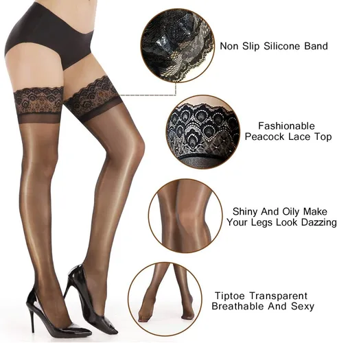 Vista 4 de ARRUSA Nylon Shiny Thigh High Stockings,Ultra Shimmery Lace Silicone Sheer Tights,Stay Up lingerie Pantyhose for Women