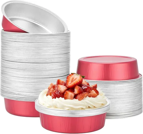 Vista 21 de Beasea Paquete de 100 moldes desechables para hornear de 4 pulgadas, 7.3 onzas, 7.3 fl oz / 215ml, papel de aluminio, mini ramequín sin tapas