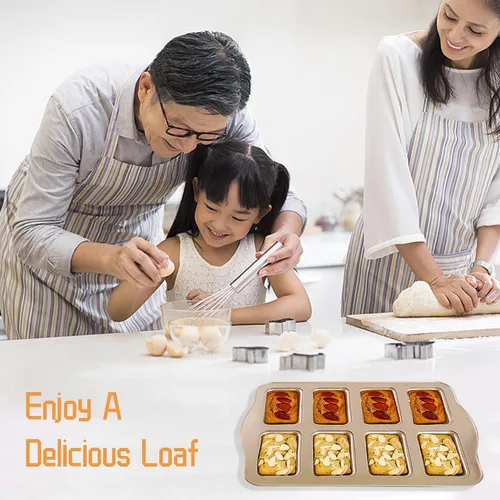 Vista 5 de Mini molde para pan, sartén antiadherente de acero al carbono, molde para pan de 8 cavidades para hornear al horno, dorado