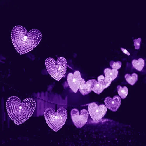 Vista 19 de Luces solares de corazón para exteriores, impermeables, de 16.4 pies, 20 luces LED, corazón de amor, día de San Valentín, 8 modos de iluminación