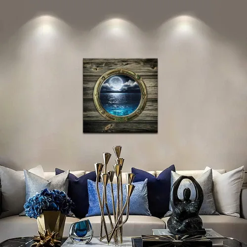 Vista 2 de Biuteawal - Marco de ventana estilo hermosas vistas del paisaje marino, arte de pared de luna, mar, océano, paisaje, pinturas en lienzo para sala