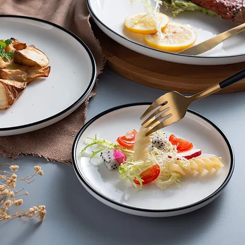 Vista 7 de Platos pequeños de porcelana de 6 pulgadas, color blanco con bordes negros, platos para servir, postre, ensalada, aperitivos, juego de 6