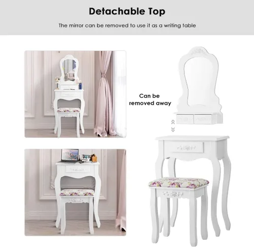Vista 3 de LDAILY Juego de mesa de tocador con taburete acolchado, mesa de maquillaje con espejo y 3 cajones de almacenamiento, escritorio de escritura