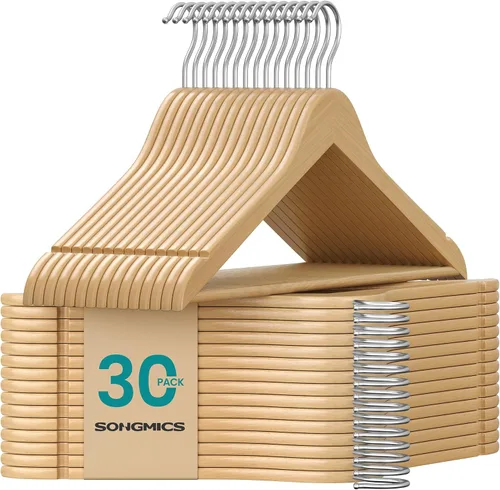 Vista 9 de SONGMICS Perchas de madera, paquete de 20, perchas para abrigos, barra para pantalones, ganchos giratorios de 360°, madera de abedul maciza, 0.3