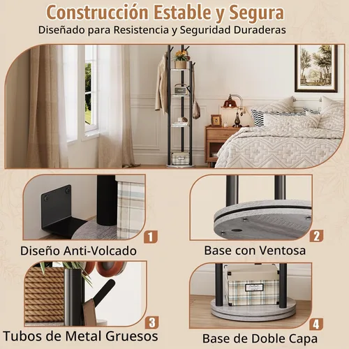 Vista 4 de Espelism Perchero giratorio independiente de metal para el recibidor con diseño de árbol, soporte con 4 niveles de exhibición de almacenamiento y 9