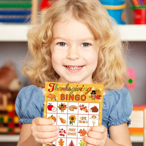 Vista 5 de Fancy Land Juego de bingo de Acción de Gracias, 24 jugadores para niños, suministros de manualidades para fiestas navideñas