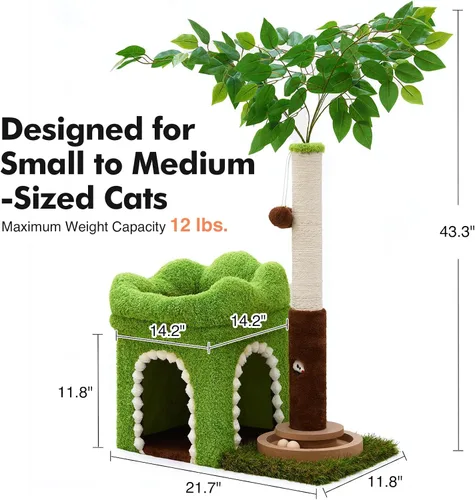 Vista 8 de Woochpet Árbol pequeño para gatos con poste rascador y pista de bolas, torre verde para gatos con hojas realistas para gatitos y gatos pequeños