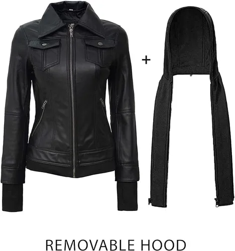 Vista 2 de Chaqueta de cuero con capucha extraíble para mujer - Chaqueta de cuero para mujer - Chic Noir Jacket