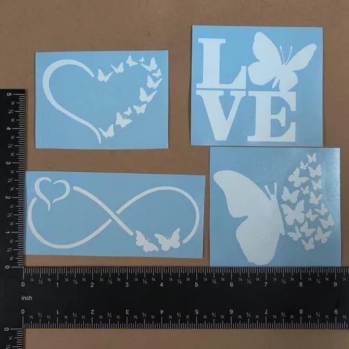 Vista 4 de Paquete de 4 calcomanías de mariposa: Infinito, corazón, amor, ala (tamaño pequeño, 3.5 pulgadas, blanco)