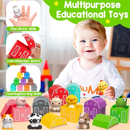 Vista 3 de KMUYSL Juguetes para niños y niñas de 1, 2, 3 años, set de juguetes de animales de granja, habilidades de conteo, combinación de colores, regalo