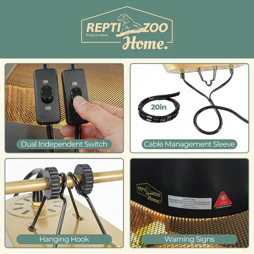 Vista 4 de Lámpara de reptil dual con interruptores, lámpara de calor de reptiles de cúpula de alta reflexión, lámpara de calor de reptiles Terrario UVB