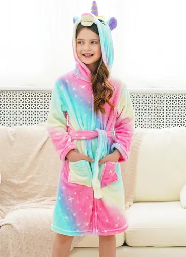 Vista 4 de Doctor Unicorn Bata de baño de forro polar con capucha para niñas pequeñas
