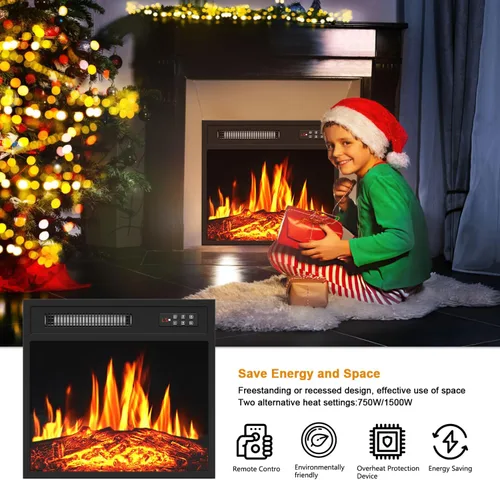 Vista 7 de PRETZI Inserto de chimenea eléctrica de 18 pulgadas, calentador de chimenea empotrado con temporizador de 8 horas, control remoto y panel