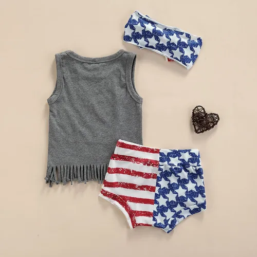 Vista 6 de Traje para bebÃ© niÃ±a del 4 de julio, ropa para el DÃ­a de los CaÃ­dos con borlas, camiseta con bandera
