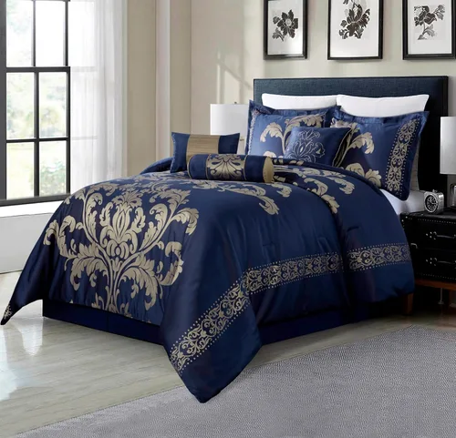 Vista 12 de Chezmoi Collection Juego de edredón floral de jacquard Royale de 7 piezas, matrimonial/doble, negro/dorado