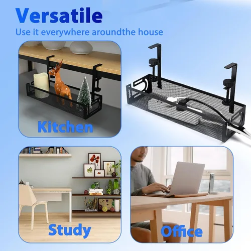 Vista 6 de Bandeja de Gestión de Cables para Debajo del Escritorio Pequeña – Organizador de Cables con Soporte de Abrazadera y Gestión de Cables para Debajo