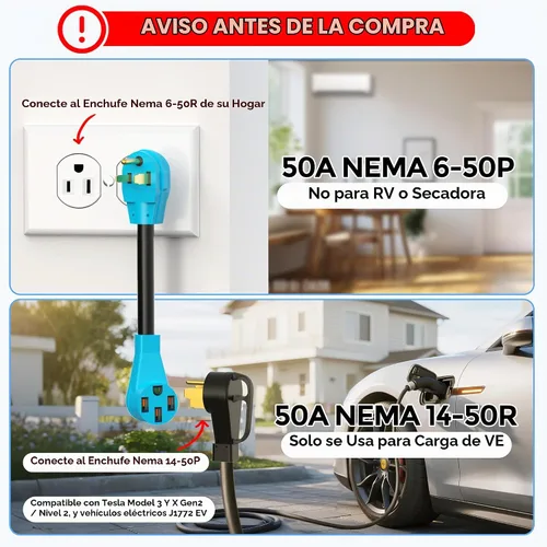 Vista 2 de CircleCord Cable adaptador de cargador NEMA 6-50P a 14-50R EV para carga EV de nivel 2, diseño doblado de 180 grados con mango de agarre, calibre 6