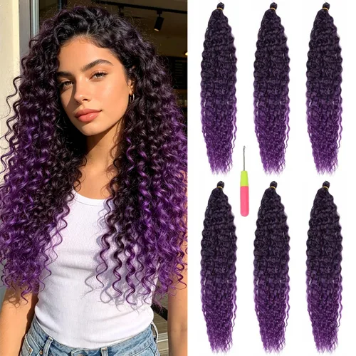Vista 10 de MAYSA Cabello ondulado de ganchillo azul, cabello ondulado con ganchillo para mujer, extensiones de cabello sintético de onda profunda de 22
